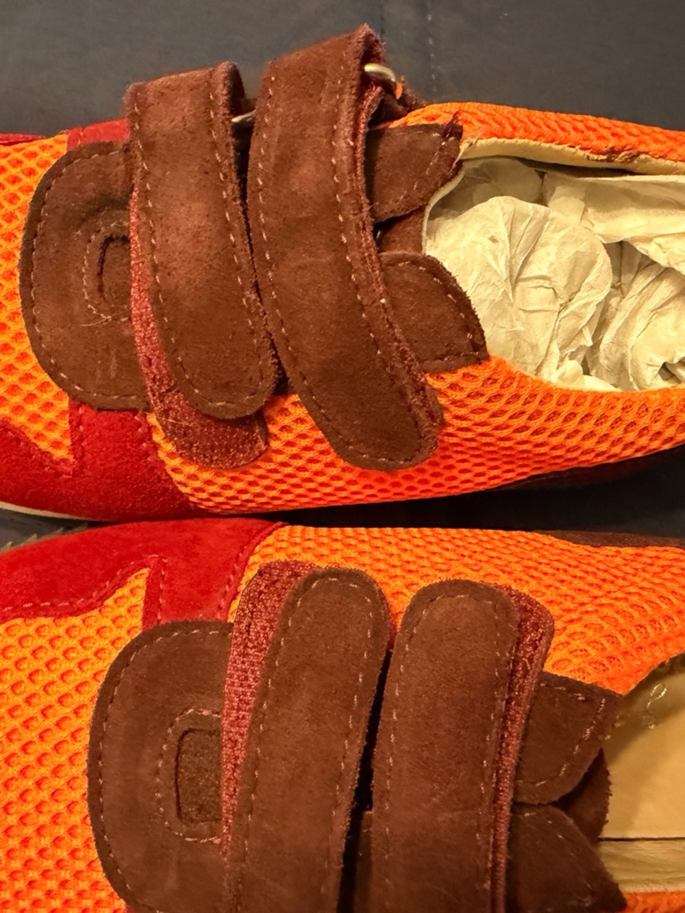 Kids Orange Mesh Sneakers with Brown Suede Straps